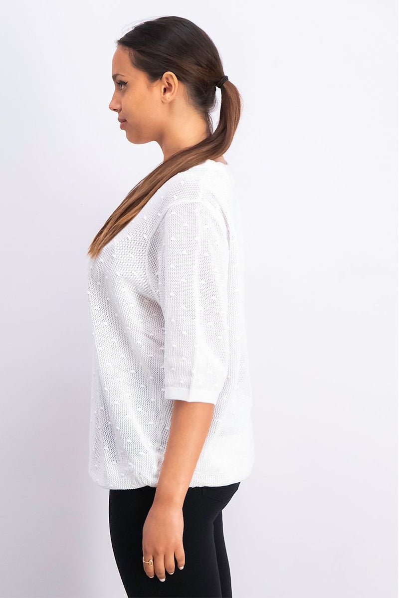 Tchibo Women Round Neck Elbow Sleeves Textured Mesh Top, White - Image 2